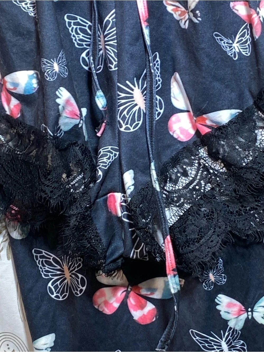 Women's Black Butterfly Print Lace-Trim Camisole & Shorts Set